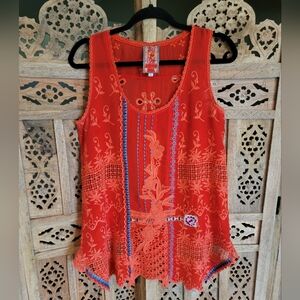 Johnny Was Eyelet Red Embroidery Assymetrical Tank Top Blouse Size S